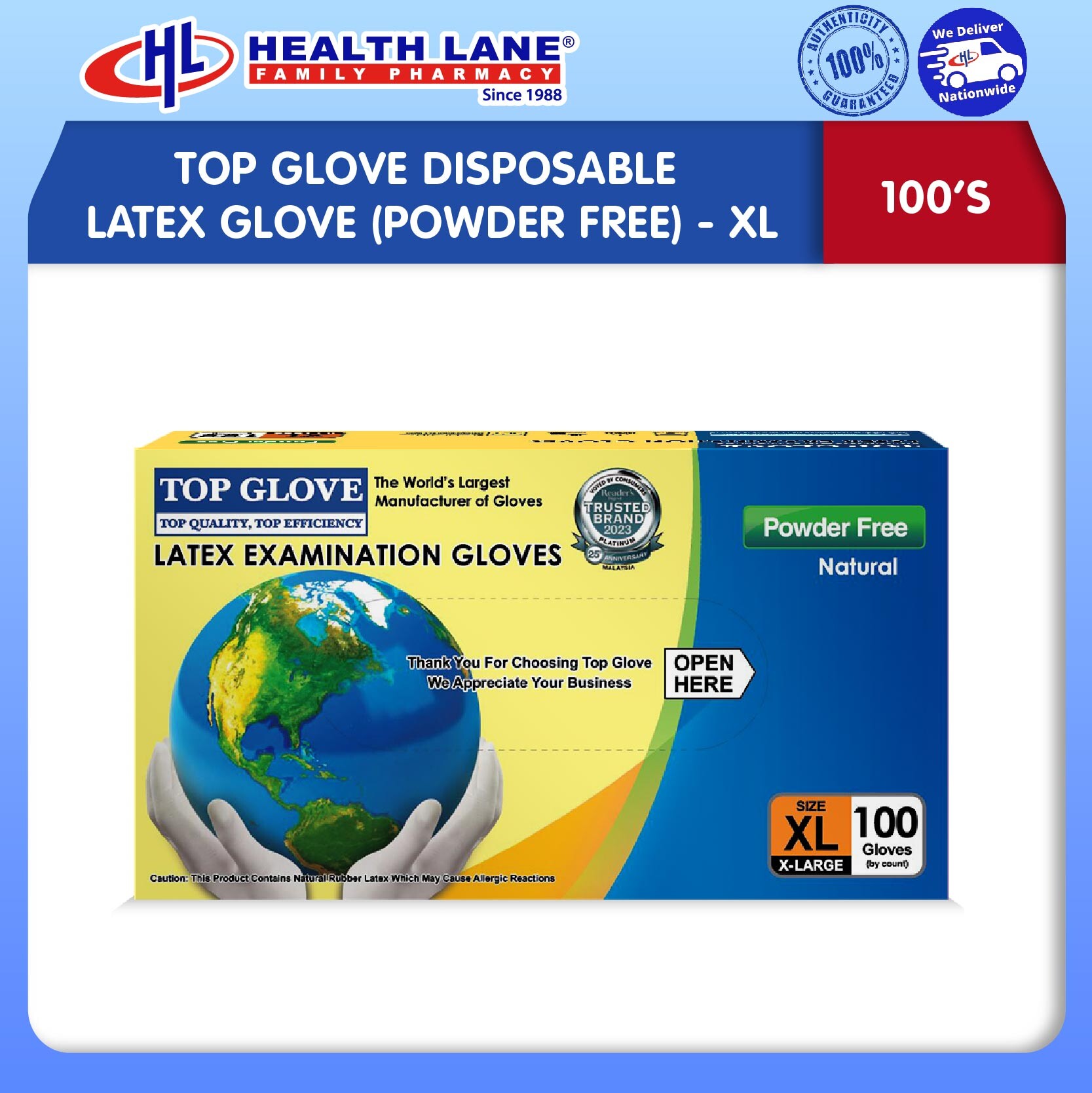 TOP GLOVE EXAMINATION LATEX GLOVE (POWDER FREE) 100'S - XL